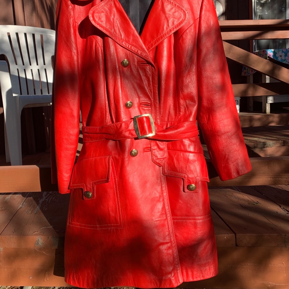 Vintage 1970s Lipstick Red Leather Coat